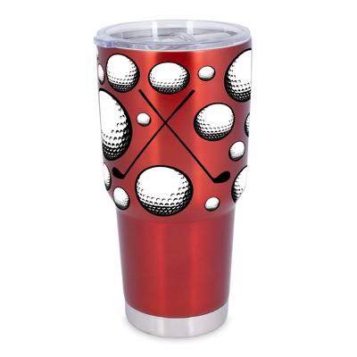 100 North 30 Ounce Stainless Steel On the Go Travel Tumbler With Push Top Lid, Golf Ball and Clubs Red