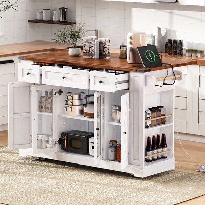 LOVSON 53'' Farmhouse Kitchen Island with Two Tempered Glass Cabinet Doors, Power Outlet, Rolling Kitchen Cart on Wheels with Drop Leaf