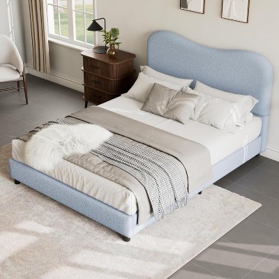 Pink/Blue/White Bed Frame with Upholstered Headboard, Low Profile, Sturdy Platform, Noise Free