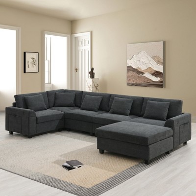 YOOCOZZ Chenille Sectional Sofa with Movable Ottoman, Dual Hidden Storage and Cup Holders, Charging Ports