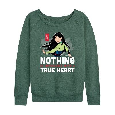 Women's - Disney Princess - Mulan Nothing Is Impossible Lightweight French Terry Wide Neck Long Sleeve Graphic Shirt