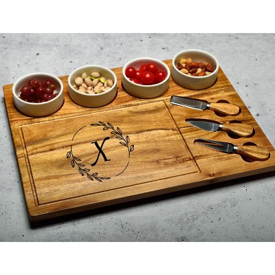 Picnic at Ascot - Large Personalized Monogrammed Premium Acacia Charcuterie Board Set with Ceramic Bowls & Cheese Knives - 17" x 13"