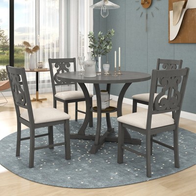 Whisen 5-Piece Retro Round Dining Table Set with 4 Chair and Special-shaped Legs