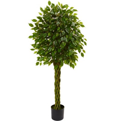 Nearly Natural 5-ft Ficus Artificial Tree with Woven Trunk, UV Resistant (Indoor/Outdoor)