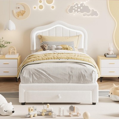 Upholstered Bed Frame with Storage Drawer and Smart LED Headboard, Twin Size Platform Bed Frame for Kids, Wooden Slats Support, No Box Spring Needed