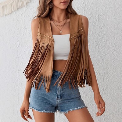 Womens Vest Fringe Vest Hippie Style Sleeveless Open Front Cardigan Vest