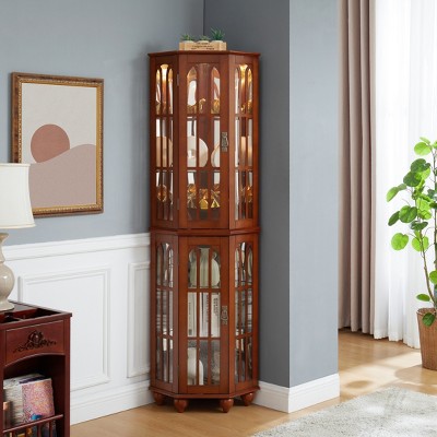 TiramisuBest Corner Curio Cabinet with 4 Adjustable Tempered Glass Shelves and Lighting System, Solid Wood Legs