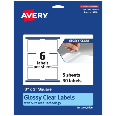 Avery Glossy Clear Square Labels with Sure Feed, 3" x 3"