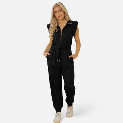 Amaryllis Women's Zip Front Jumpsuit Flutter Sleeve Elastic Waist Drawstring Jogger Casual One-Piece