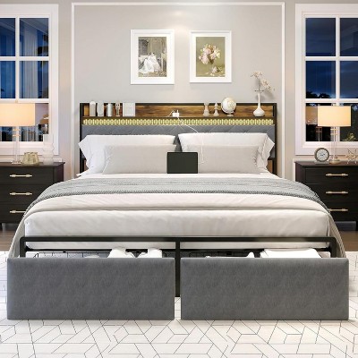Jojoka Bed Frame with Storage Headboard and Charging Station, Metal Platform Bed Frame
