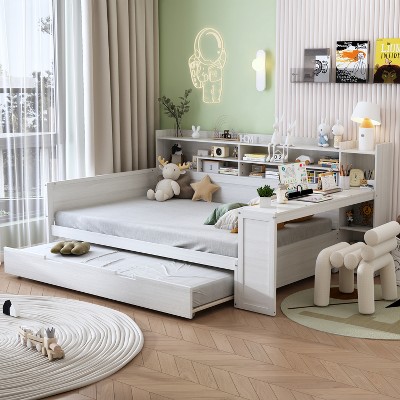 Full/Twin Size Daybed Wooden Platform Bed Frame with Storage Shelves, Twin Size Trundle Bed and Desk -ModernLuxe