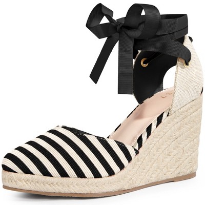 BLISSFUL STEP Women's Stripe Lace Up Round Toe Wedge Sandals