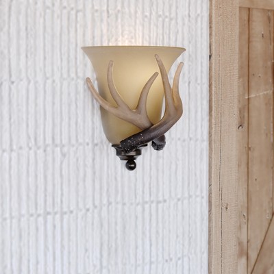 VAXCEL Yoho 1 Light Bronze Rustic Antler Flush Wall Sconce Cream Glass