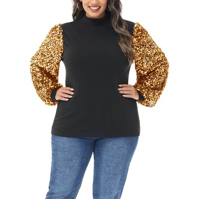 Anna-Kaci Women's Plus Size Sequin Sweatshirt Mock Neck Pullover Long Lantern Sleeve Glitter Party Tops