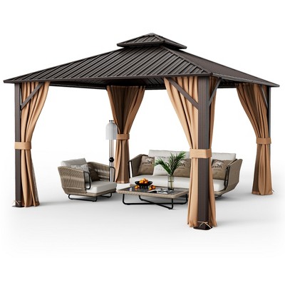 Tangkula 12' x 12' Double-Roof Hardtop Gazebo with Galvanized Steel Roof Netting Curtains