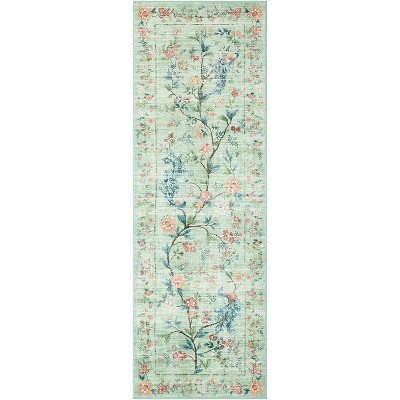 Washable Floral Peacock Print Rug - Low Pile reversible Accent Carpet for Bedroom, Kitchen, Nursery & Living Room