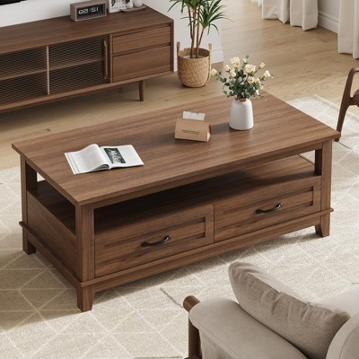 GustoWave Farmhouse Coffee Table, 47.24" Wood Center Table with Drawers & Open Shelf for Living Room, Office