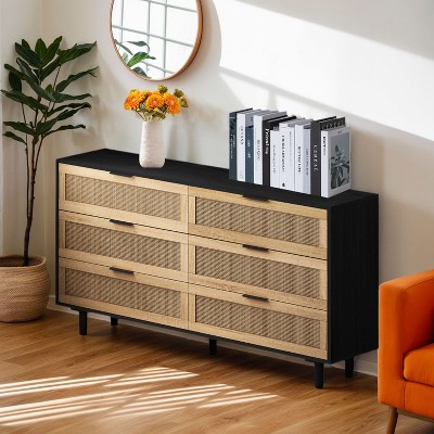 Okak Rattan Dresser with 6 Drawers, Retro Clothes Storage Cabinet with Metal Handle&Wood Legs for Bedroom Hallway Living Room