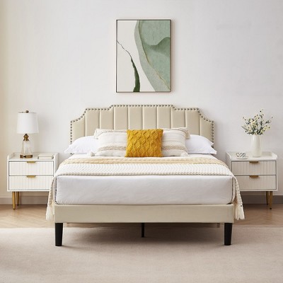 VECELO Upholstered Platform Bed Frame with Tufted Adjustable Headboard, Mattress Foundation, Wood Slat Support, Bed Frame