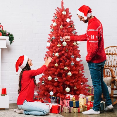 5FT Red Christmas Tree Ã¿ Pure Red PVC Tree with 624 Tips, Hinged Branches for Easy Setup, Stable Metal Stand, Bold Holiday Decoration