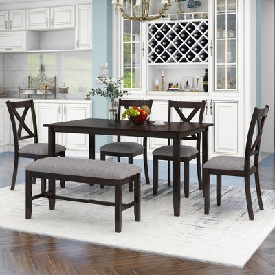 GDFStudio Jeff 6 Piece Wooden Dining Table Set with Upholstered Chairs and Bench