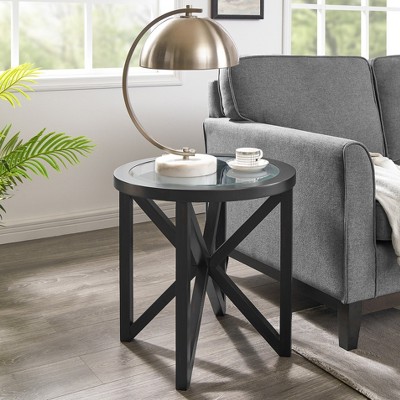 Hrinhom 22.1"W Modern Round Coffee Table With Glass Top And Wood Base