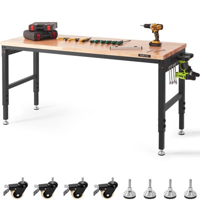 VEVOR Adjustable Workbench, 72" L X 25" W Garage Worktable with Universal Wheels, 28-39.5" Heights & 3000 LBS Load Capacity