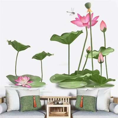Chinese Style Lotus Flower Wall Stickers, Self-Adhesive Wallpaper Wall Decals for Living Room and Bedroom Decorations