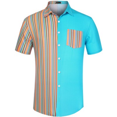 Lars Amadeus Men's Summer Striped Patchwork Short Sleeves Button Down Hawaiian Shirt
