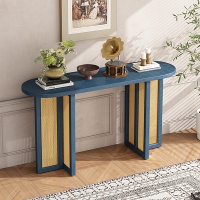 MOEPISY Farmhouse Rattan Console Table Entryway Table, Narrow Console Table with Storage, Navy