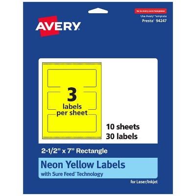 Avery Neon Yellow Paper Labels, 2.5" x 7" Rectangle