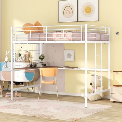 Full Size Loft Bed with Desk and Metal Grid