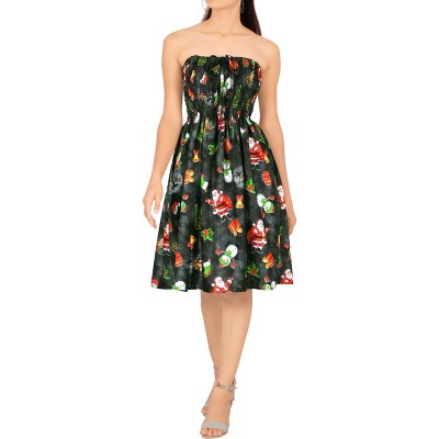 LA LEELA Women's Casual Beach A line Slit Smocked Mini Dress Tube Top Evening Short Strapless Christmas Tree Dress for Women One Size Black