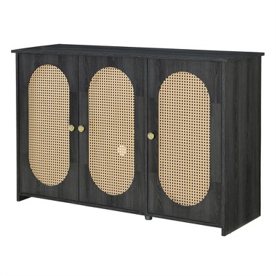 3-Door Sideboard Buffet Cabinet With Artificial Rattan Doors,Sideboard Storage Cabinet And Metal Handles For Entryway Living Room Dining Room