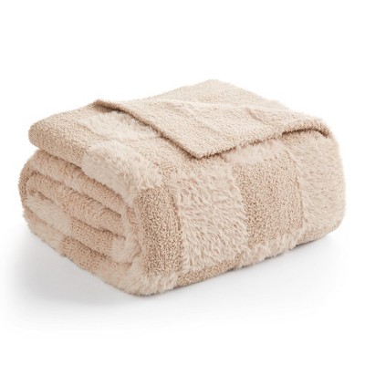 Snuggle Sac Faux Fur Checkered Throw Blanket, Fluffy Feather Yarn Blend Bedding Blankets for Couch or Bed