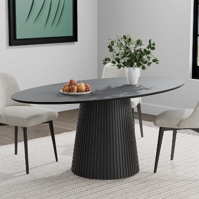 Cone shaped grille strip in natural wood color with oblique cut edges, oval dining table (conical base)
