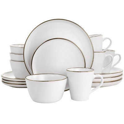 16pc Arthur Stoneware Dinnerware Set with Rim Matte White/Gold - Elama: Dishwasher & Microwave Safe Dish Set