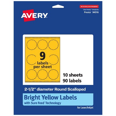 Avery Bright Yellow Paper Labels, 2.5" Diameter Round Scalloped