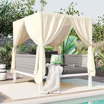 Janey Metal Frame Woven Rope Patio Daybed with Curtains, 2-Seater Outdoor Daybed, Outdoor Furniture, Tanning Near Me - Maison Boucle