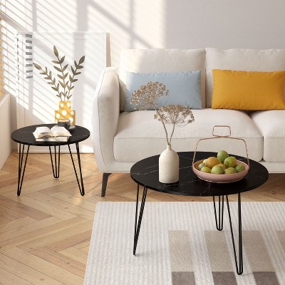 HOMLUX 2 PCS Nesting Coffee Table Set Round End Table Sofa Side Table,Brown/White/Black