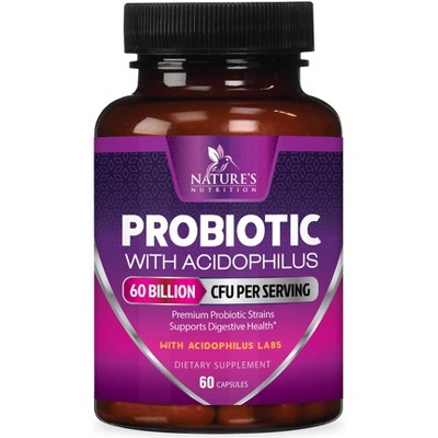 Probiotics 60 Billion CFU per Serving - 10 Strains + Prebiotics - Digestive Health, Gut & Immune Support - 60 Capsules By Nature's Nutrition