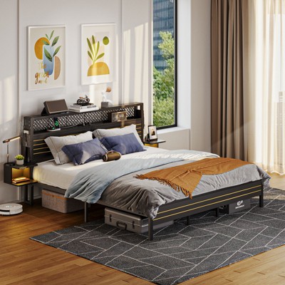 Bestier Queen Bed Frame with Horizontal Golden Stripe Storage Headboard