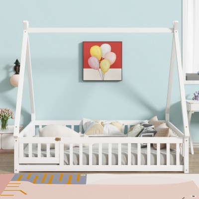 Tent-shaped Twin/Full Floor Bed Frame with Guardrails - ModernLuxe