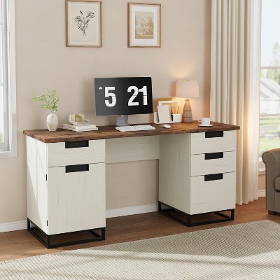59" Farmhouse Executive Desk, Home Office Desk with File Drawer and Storage Cabinet, Wooden Computer Table with 3 Drawers for Work and Study