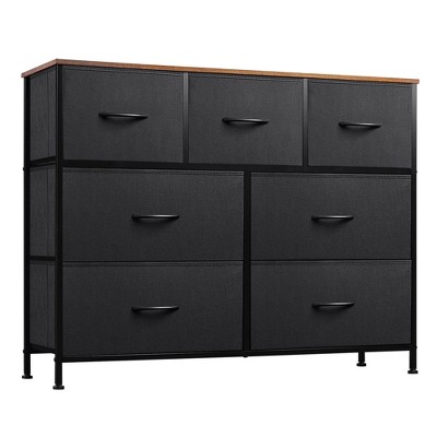 Itopfox 7-Drawer Dresser TV Stand, Entertainment Center with Metal Frame and Wood Top for TVs Chest of Drawers for Bedroom Living Room, Black & Brown