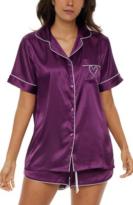 ADR Womens Satin Pajamas Set, Silk like Short Sleeve Top and Shorts with Pockets