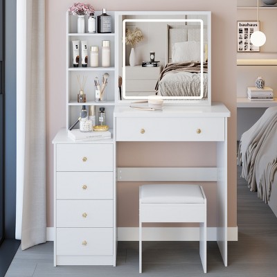 37'' Vanity Table Set with LED Mirror, Cushioned Stool and Sliding Storage Drawers for Makeup and Bedroom Use-3irtyhousy