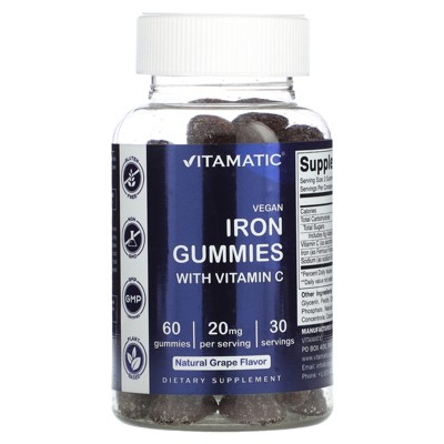 Vitamatic Vegan Iron Gummies With Vitamin C, Natural Grape, 60 Gummies