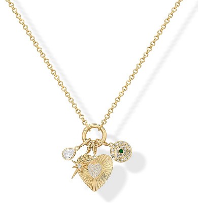 14K Gold Plated Heart Charm Necklace - Cluster Pendant with CZ Accents for Women