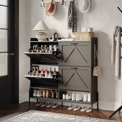 Jojoka Slim Shoe Storage Cabinet with 4 Flip Drawers & Hooks, Narrow Wooden Shoe Organizer with Open Shelf for Entryway